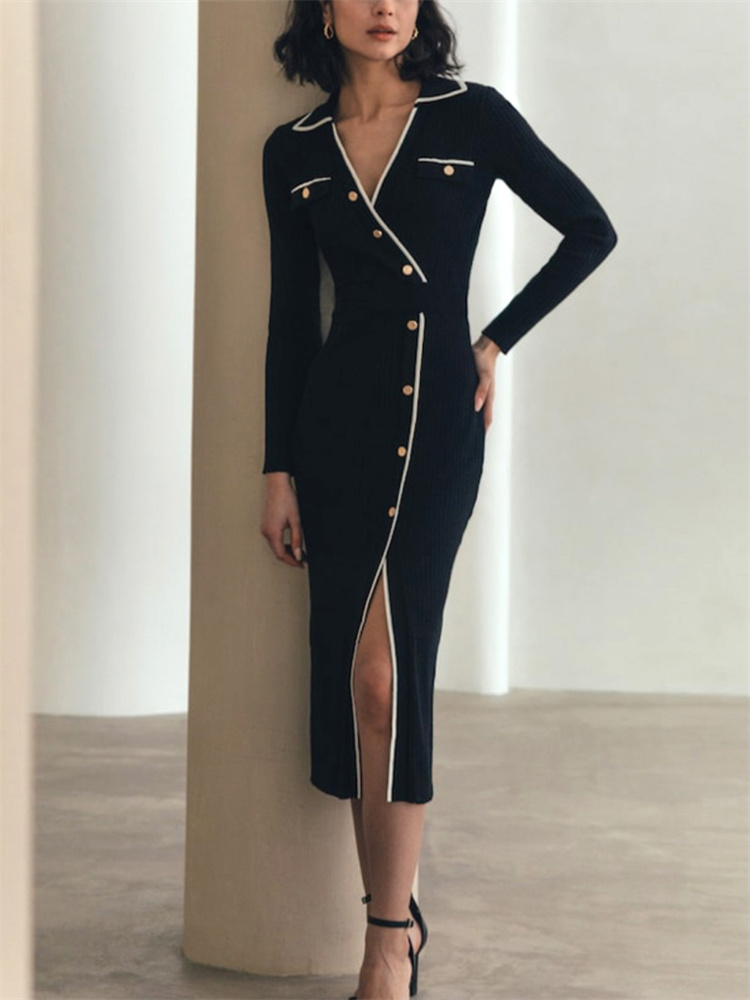 Ootddress White Patchwork Knit Maxi Dress For Women Slim Lace-Up High Waist Split Elegant Party Dress Fashion Lapel Knitwear Dress