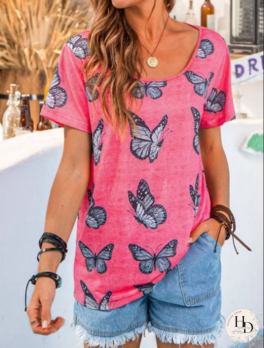 Vintage Butterfly Pattern Women Pink T-Shirt