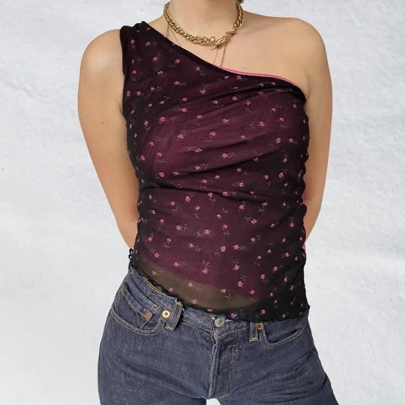 Harajuku 90S Vintage Printed Crop Top One Shoulder Asymmetric Corset Tank Women Summer Y2K Aesthetic Chinese Style Camis Vest