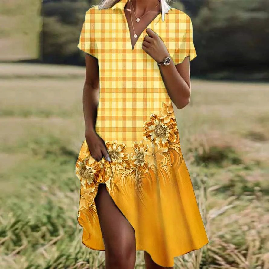 Women Half Sleeve V-neck Solid Color Dress