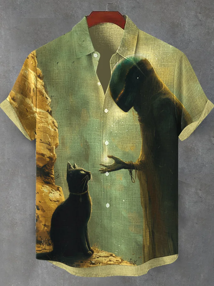 Men's Black Cat Meets Alien Mystical Art Print Shirt