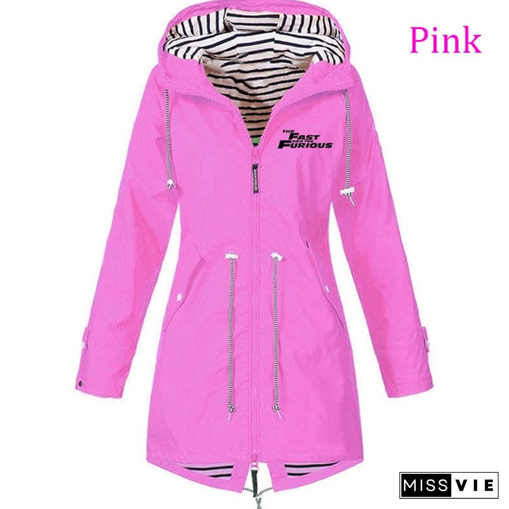 Ladies Double Layer Waterproof Lightweight Rain Jacket Outdoor Hooded Zipper Coats