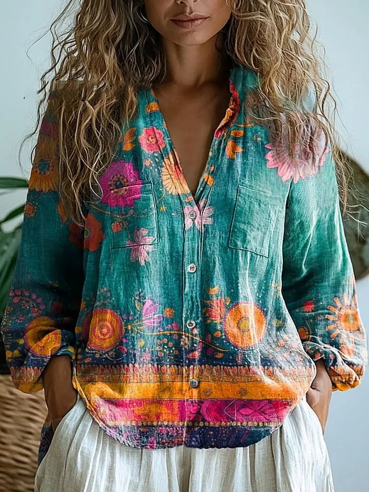 Women's Retro Bohemian Pattern Casual Long Sleeve Comfortable Cotton Shirt