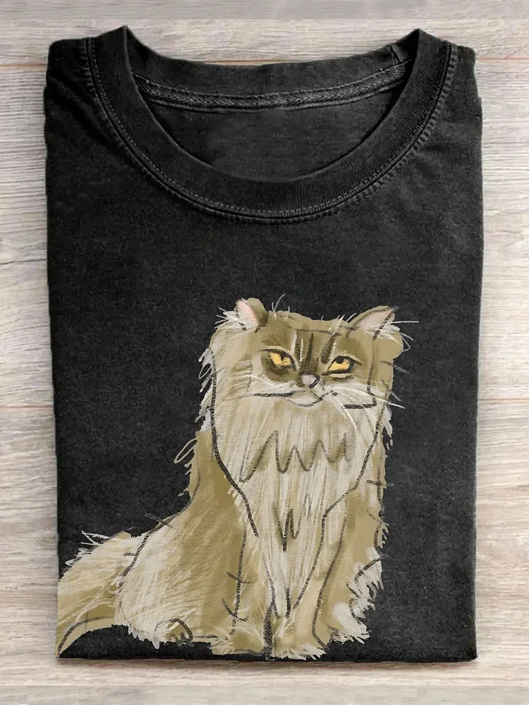 Women's Loose Worried Kitten Print T-Shirt