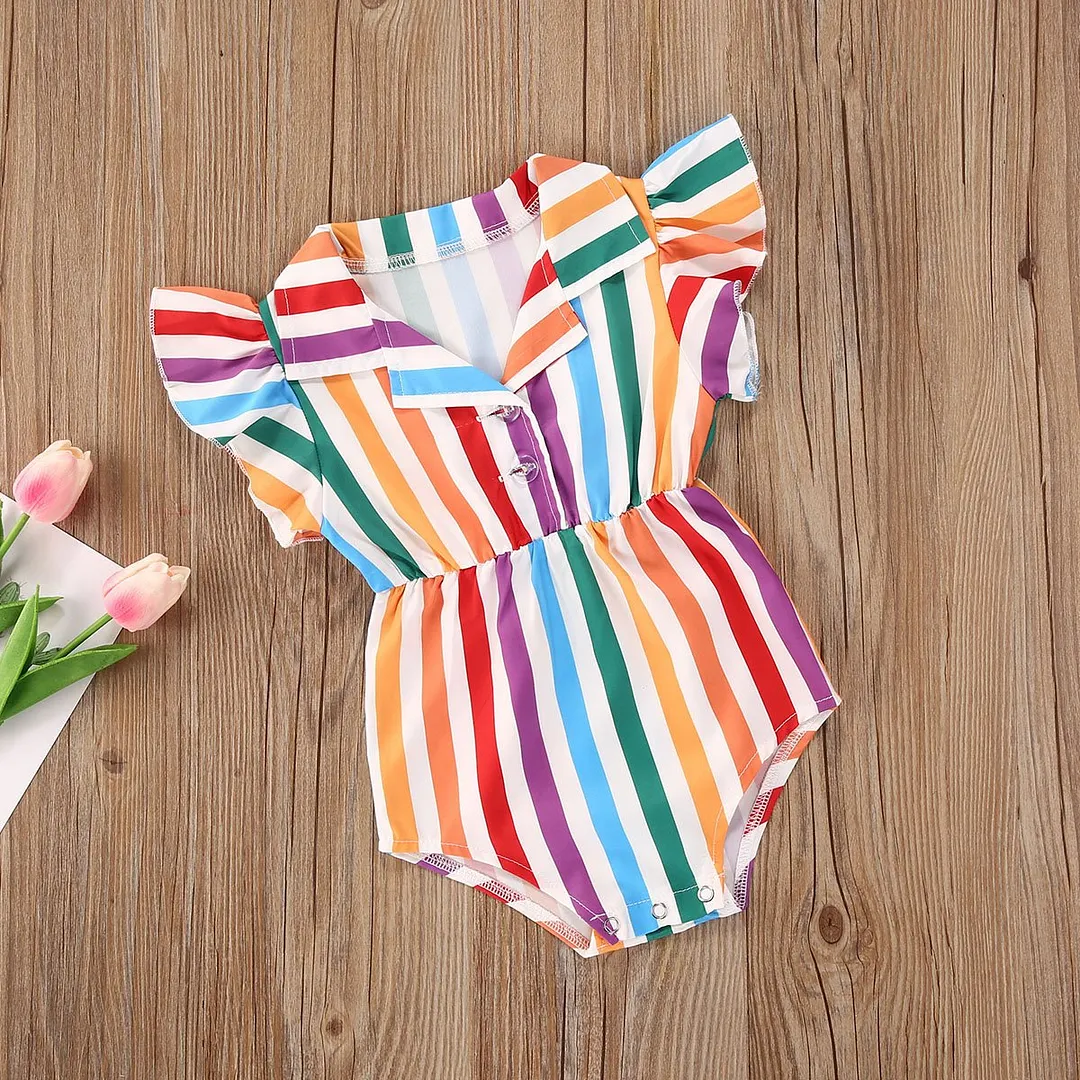 2020 Baby Summer Clothing Baby Girl Romper Colorful Striped Rainbow Vertical Stripes Shirt Style Single-breasted High Waist