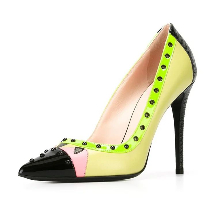 Lime Studs Shoes Pointy Toe Stiletto Heel Pumps for Office Lady |FSJ Shoes