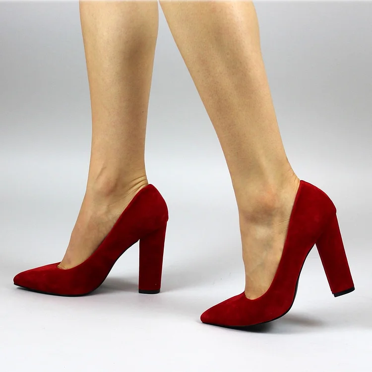 Fashion Red Pointy Toe Velvet Chunky Heels Pumps for Office Ladies |FSJ Shoes