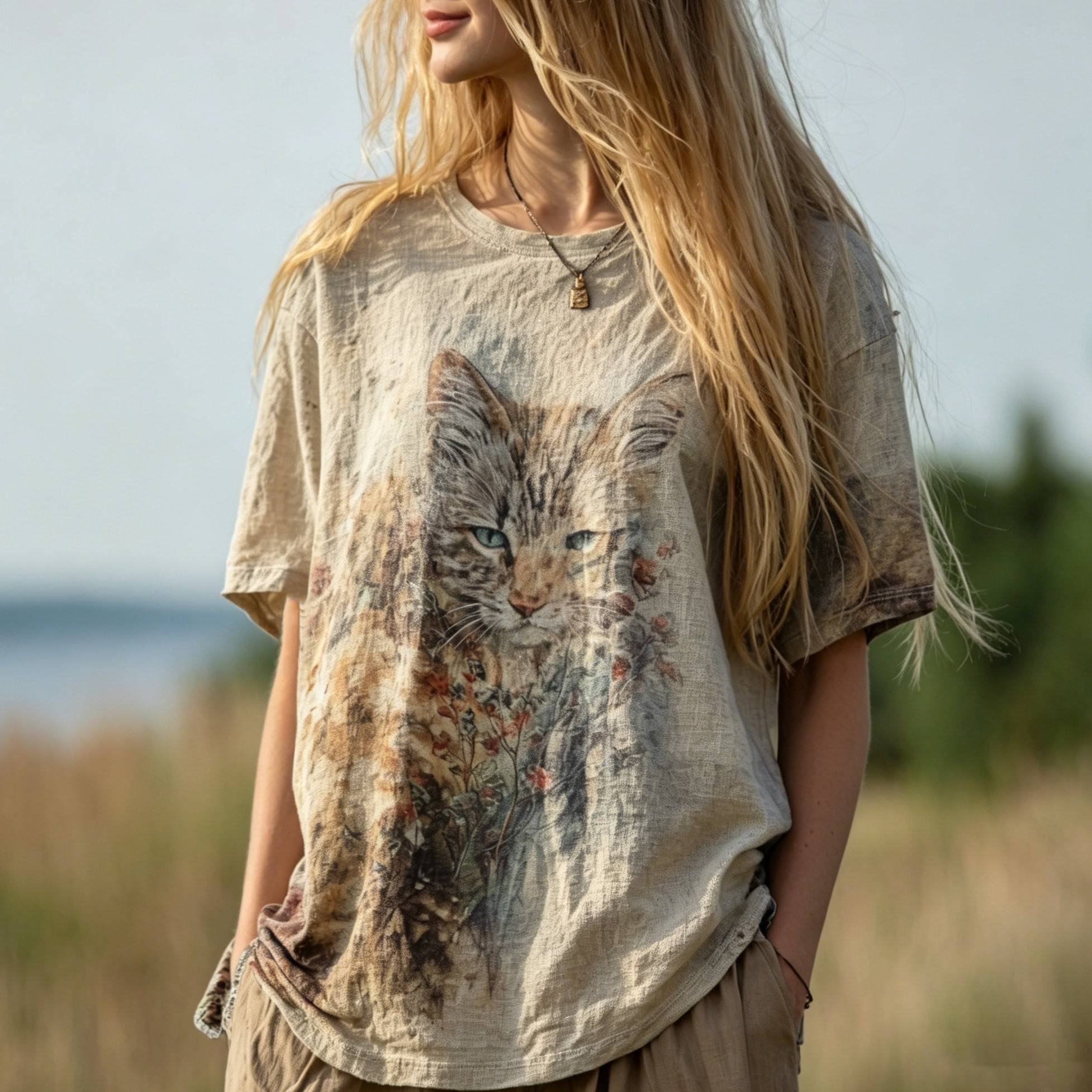 Comstylish Women's Cat Print Retro Casual T-shirt