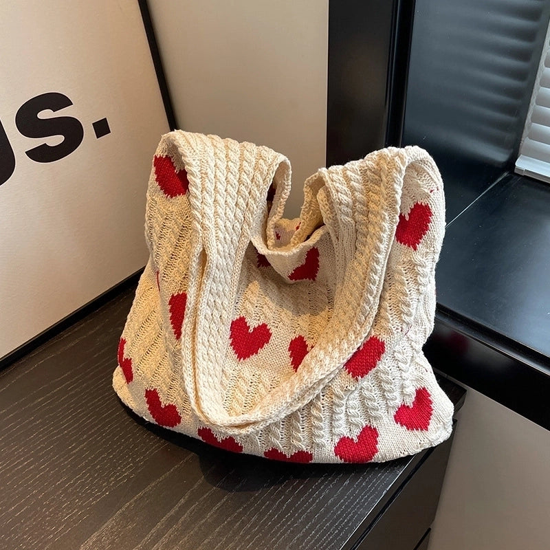 Women’s Medium Knit Heart Shape Basic Classic Style Bucket Open Shoulder Bag