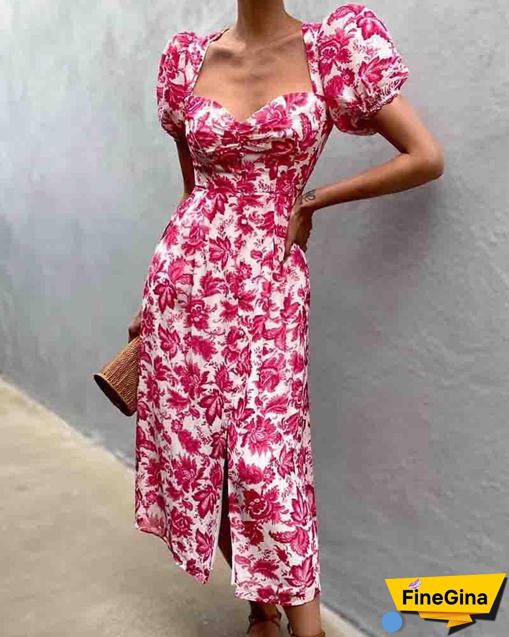 Floral Print Shirred Skinny Waist Puff Sleeve Slit Maxi Dress P11911