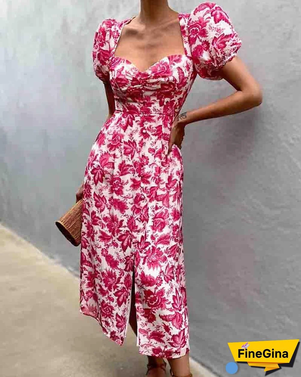 Floral Print Shirred Skinny Waist Puff Sleeve Slit Maxi Dress P11911
