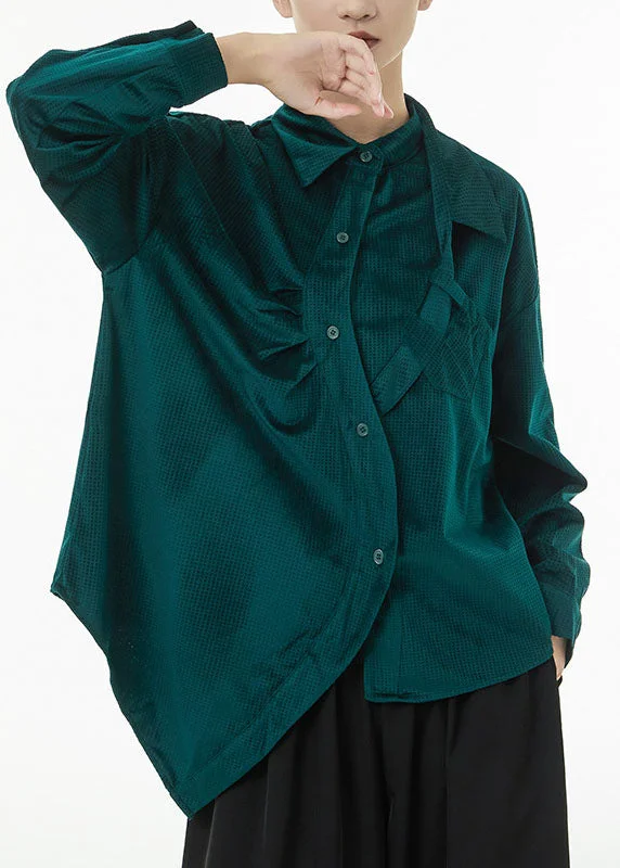 5.1Boutique Blackish Green Asymmetrical Wrinkled Silk Velour Shirts Spring