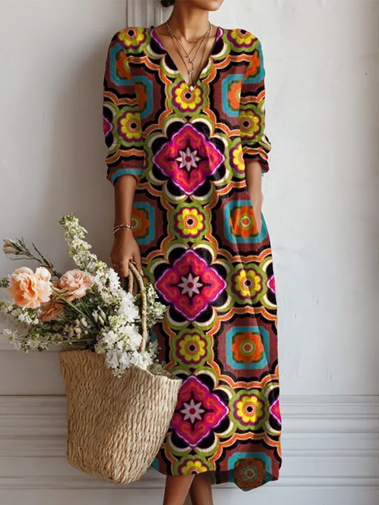 Women's Vintage Abstract Geometric Art Print Linen Pocket Dress
