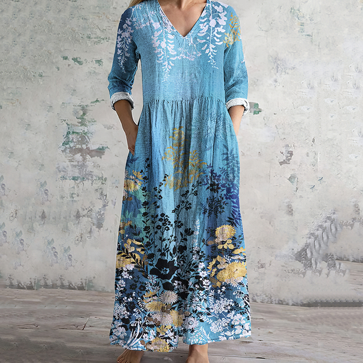 Floral Print V-Neck Loose Midi Dress artswardrobe