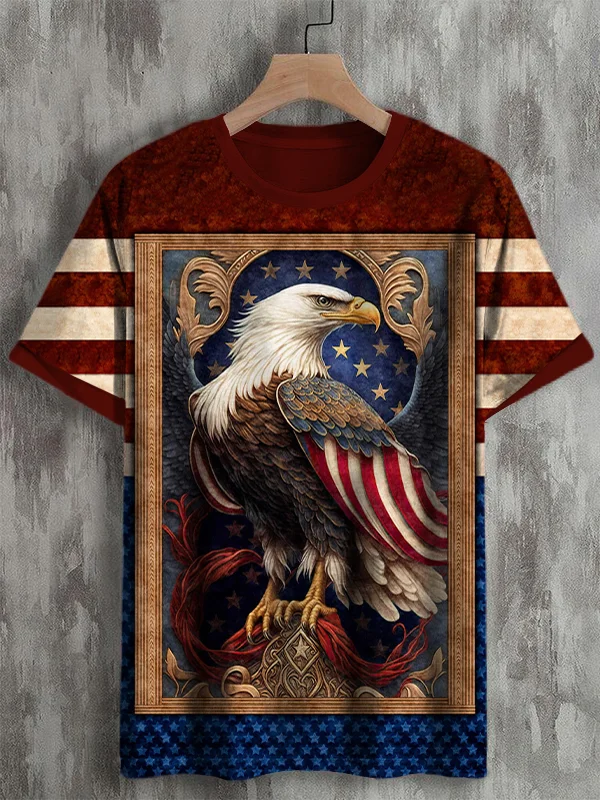 Men's Retro American Flag Eagle Portrait Art Print Short Sleeve T-Shirt