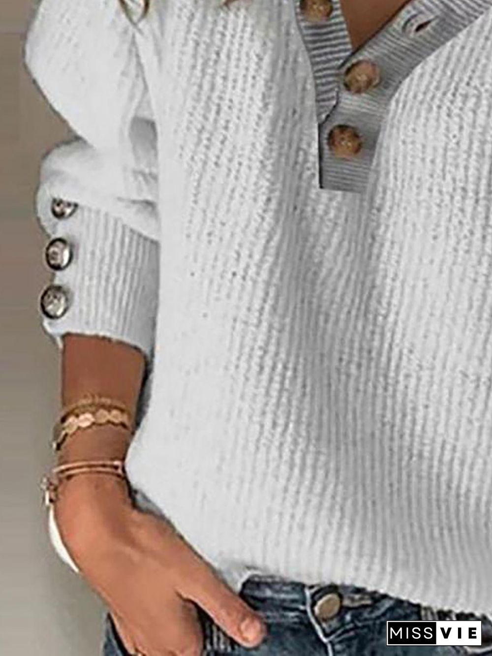 Plus size Plain Knitting V Neck Sweater