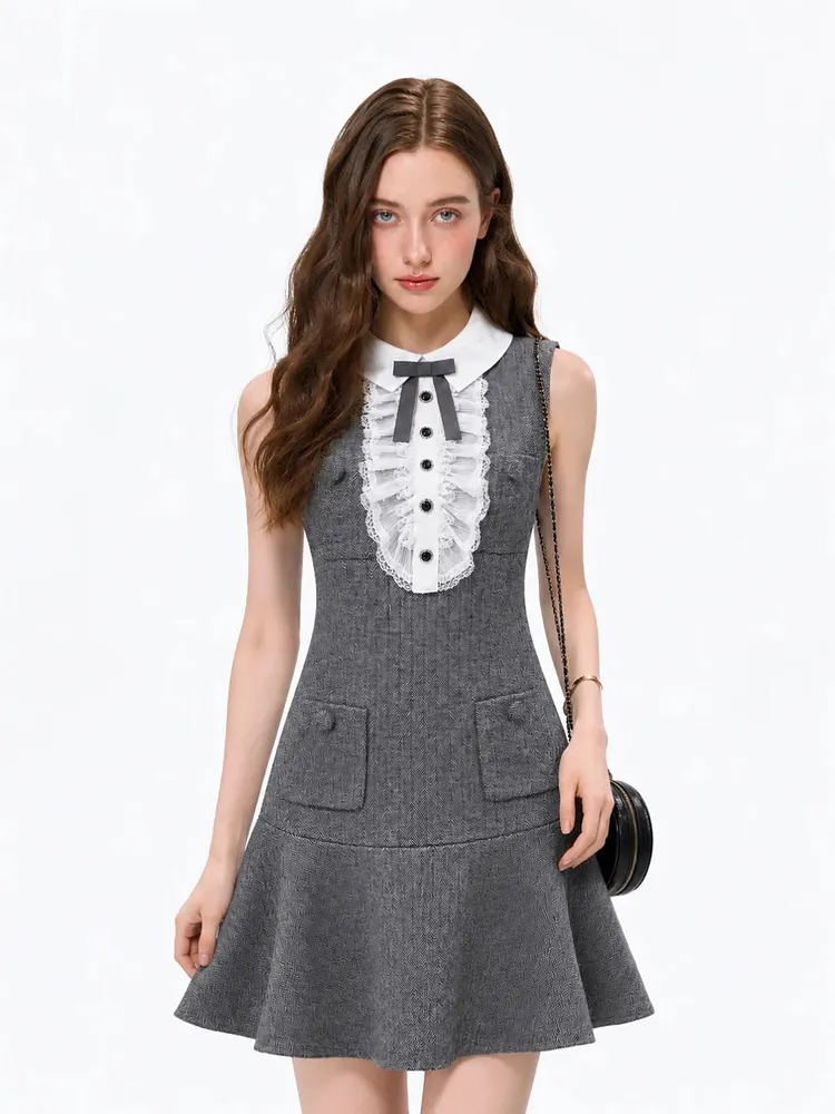Grey herringbone lace-detail sleeveless mini dress