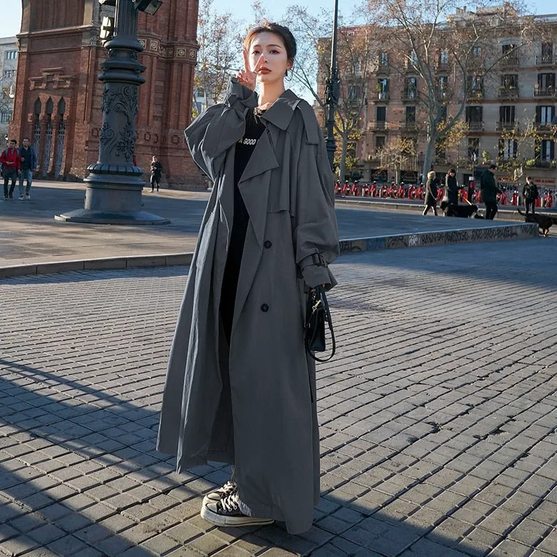 Korean Style Loose Oversized X-Long Women's Trench Coat Double-Breasted Belted Lady Cloak Windbreaker Spring Fall Outerwear Grey