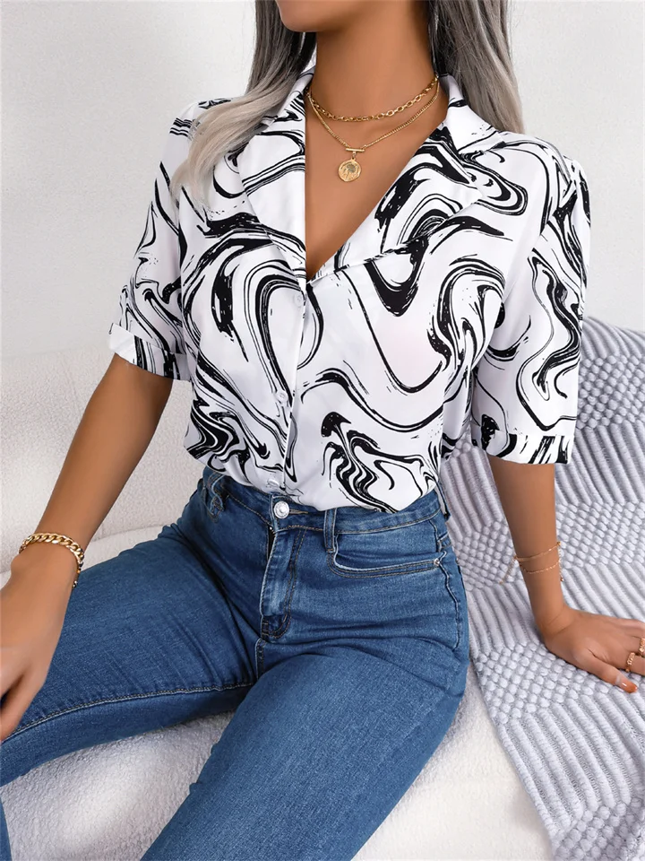 Summer Casual Suit Collar Single Row Multi-button Clash Color Loose Shirt Sleeve Short Sleeve Print Shirt Women | 168DEAL