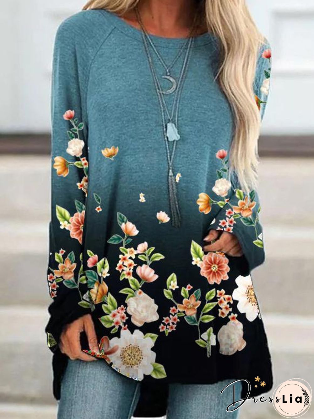 Gradient Color Retro Long Sleeve Top