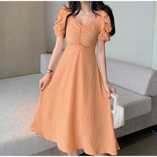 Dress Women Fashion A-line High Waist Folds Slim Solid Summer Korean Style Party Elegant Retro Cute Puff Sleeve Sexy V-neck Chic