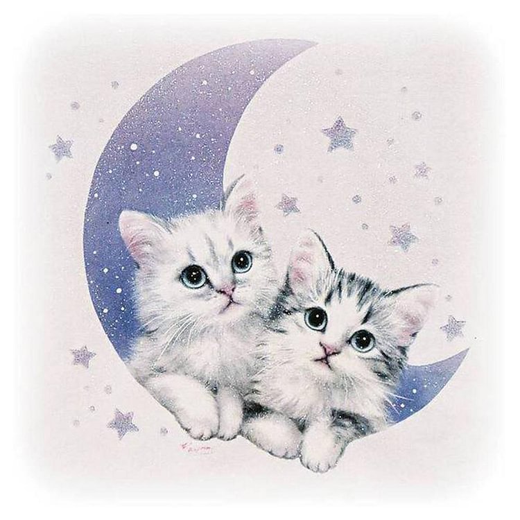 Cute Cats Moon Round Full Drill Diamond Painting 25X25CM(Canvas) gbfke