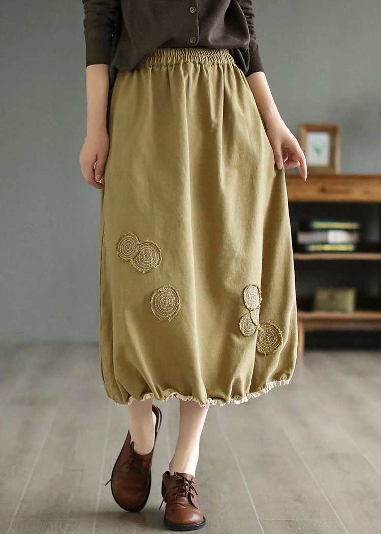 Handmade Khaki Embroideried Elastic Waist Patchwork Cotton Skirts Spring