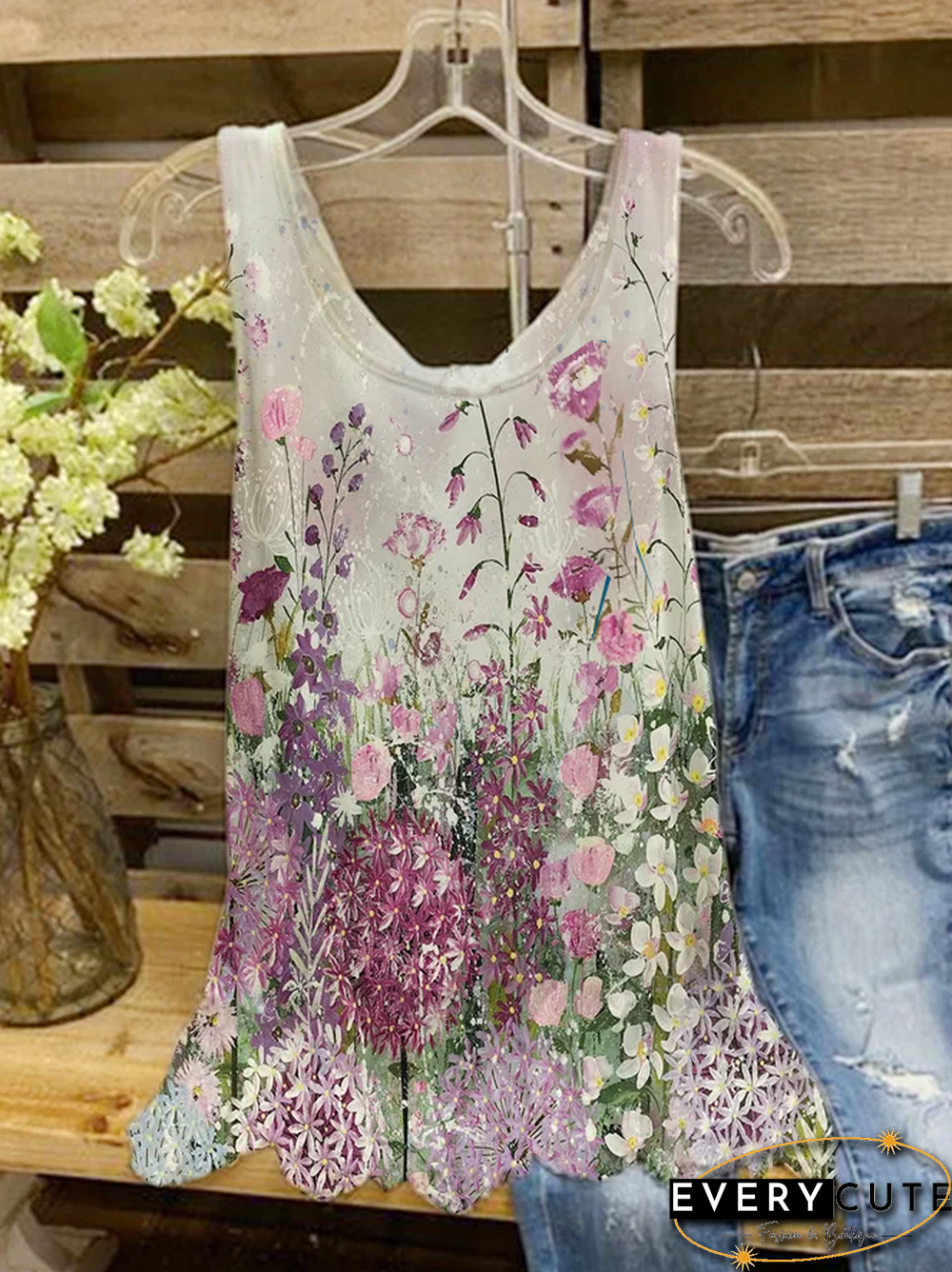 Basic Floral Sleeveless Floral-Print Tops