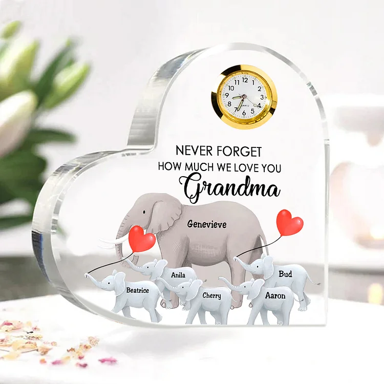 Personalized Heart-Shaped Acrylic Clock Keepsake Heart Sign Engraved 6 Names Elephant Ornament Unique Gift for Mom Grandma