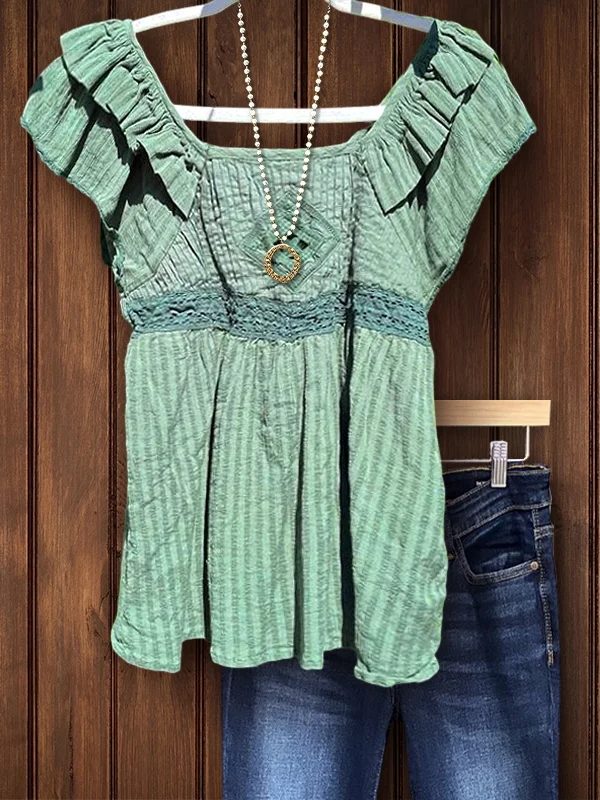 Vintage Striped Double Ruffle Sleeve Top