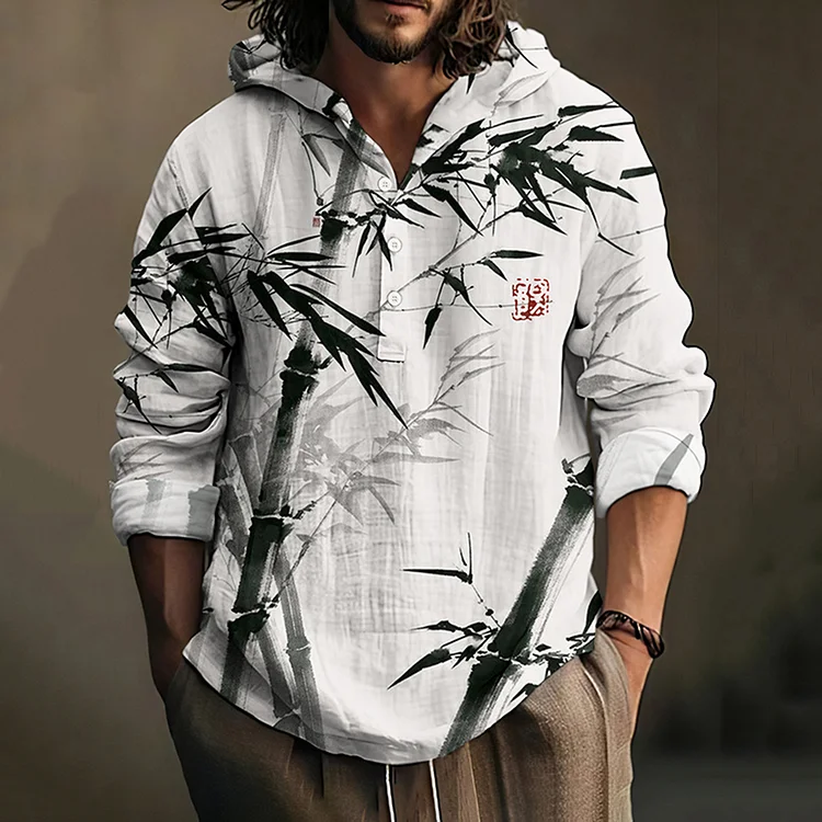 Vintage Bamboo Forest Art Linen Blend Hooded Shirt