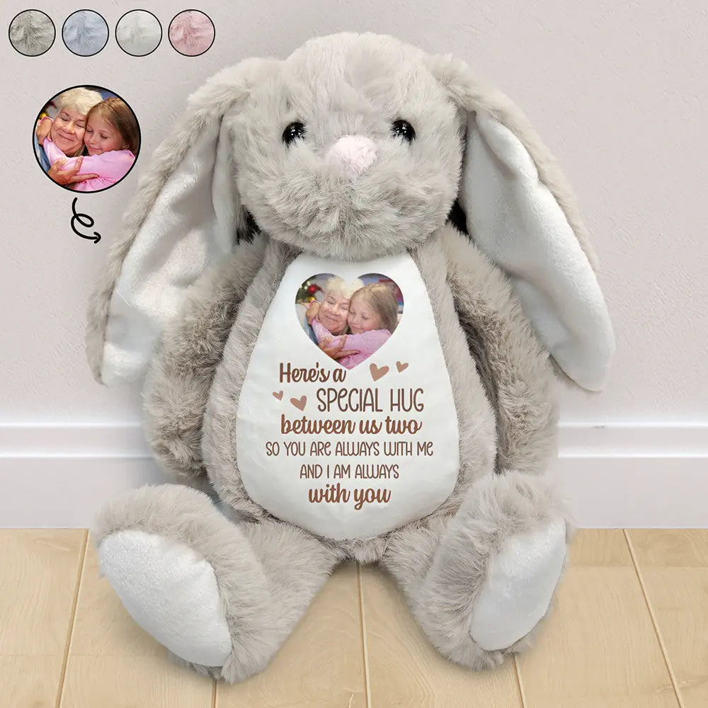 Personalized Photo Bunny Custom Photo Memorial Bunny - "A Special Hug Between Us Two" - Personalized Soft Toy for Grandparents, Parents & Family