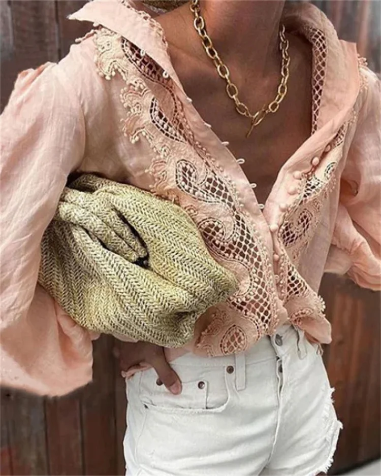 Vacation Long Sleeve Woman Lace Blouse