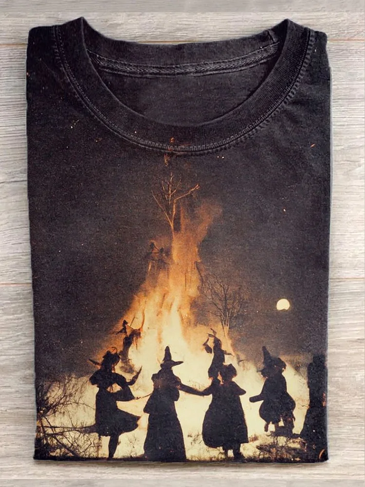 Unisex Witch Fire Dance Print Casual Short Sleeve T-Shirt