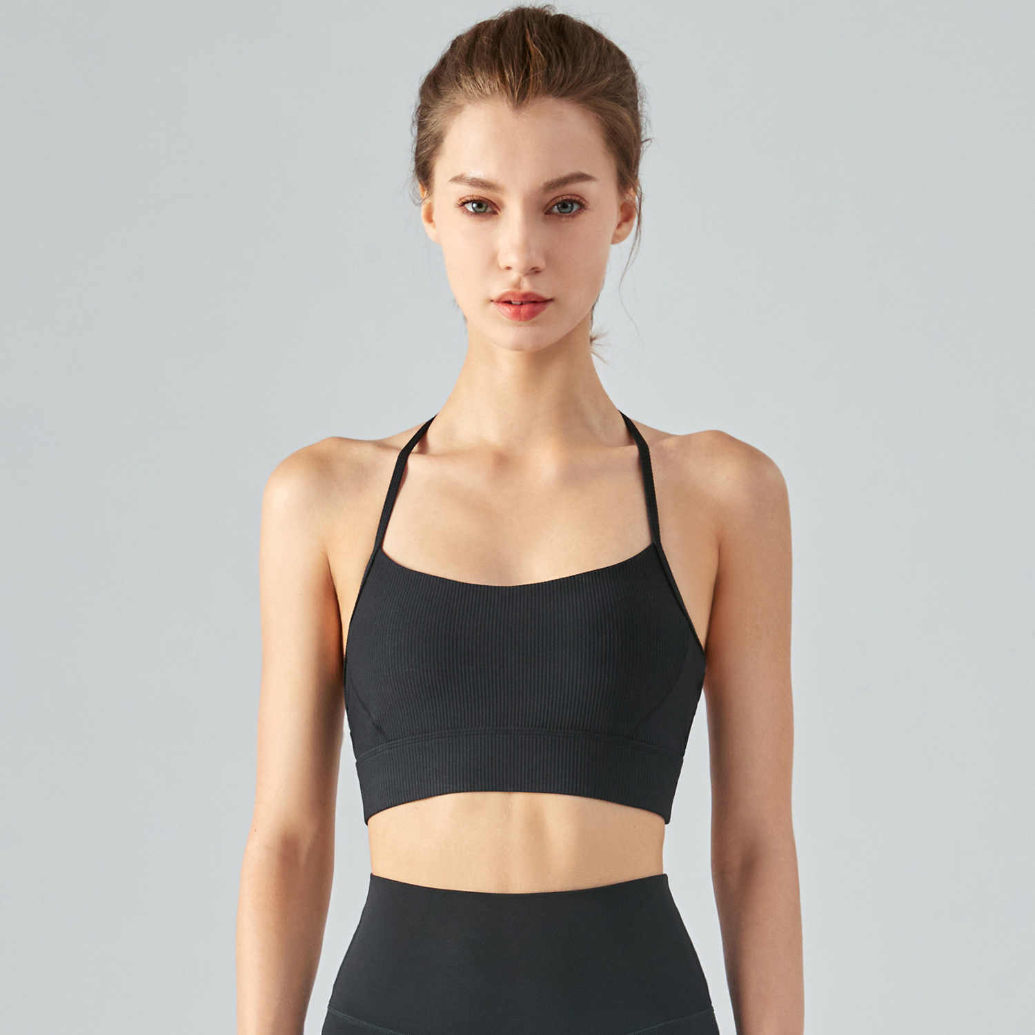 Shop Black women's t letter back thin straps halter sports bra with removable cups online on Hergymclothing