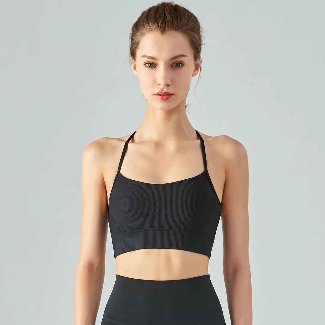 Shop Black women's t letter back thin straps halter sports bra with removable cups online on Hergymclothing