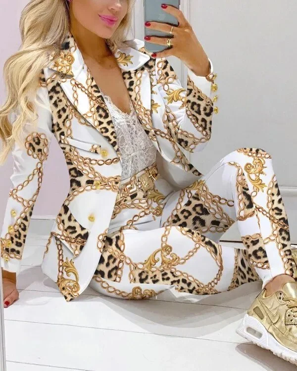 Nigikala Stripe Print Suit Coat Pants Set Office Lady Fashion Elegant Long Sleeve Top Trousers Two Piece Set Women Outfit 2023
