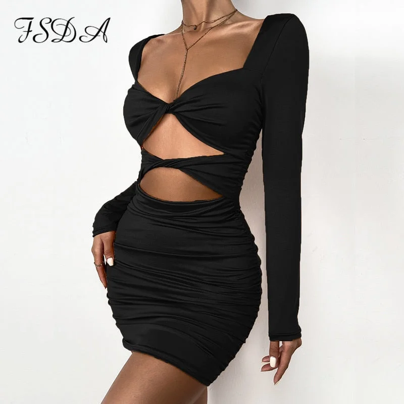 FSDA 2021 Black Long Sleeve Bodycon Dress Hollow Out Mini Autumn Winter Red Bandage Sexy V Neck Women Party Dresses