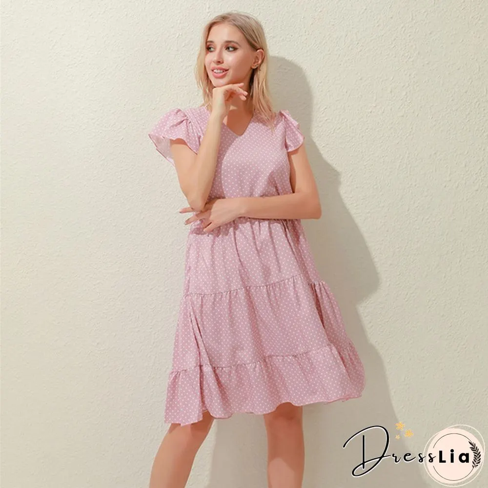 Summer Sundress Women Ruffles Sleeves V-Neck Dot Boho Vest Multi-Layer Connection Hem