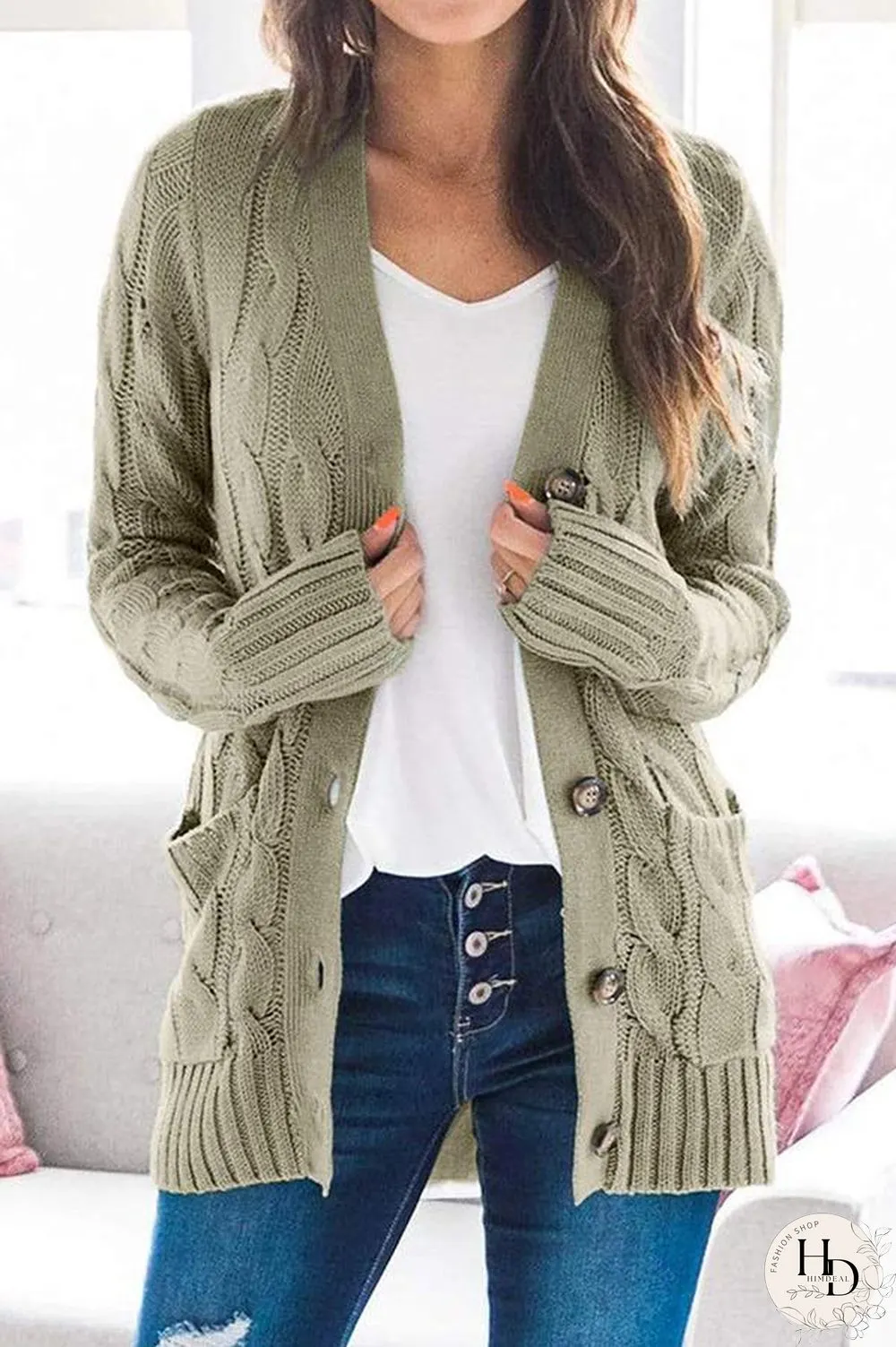 Button Cable Knit Cardigan
