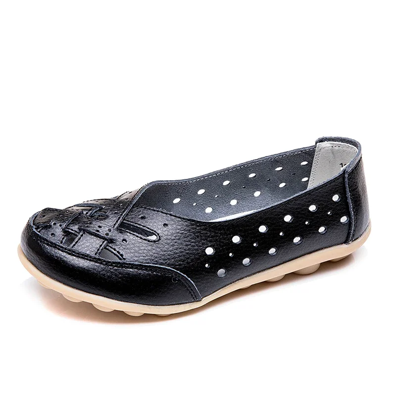 Qengg Women Genuine Leather Shoes Women Flats Spring Soft Slip-On Loafers 2022 New Arrival Cut-Outs Flat Peas Non-Slip Shoes Ladies