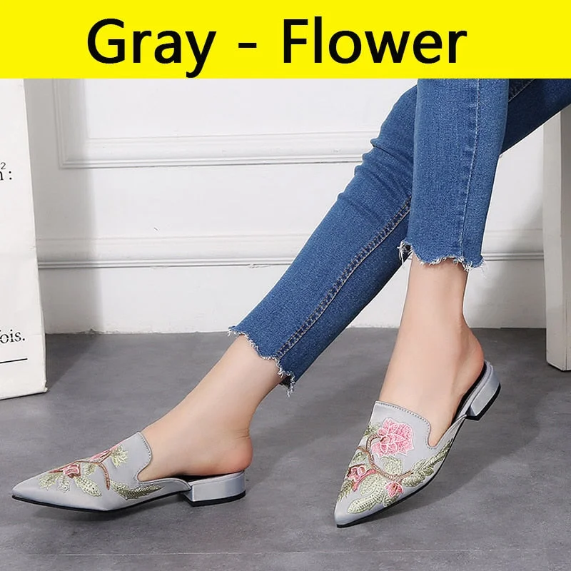 Aphixta Large Size 34-42 Pointed Toe Slippers Embroidery Shoes Women Square Heel Sandales Chanclas Mujer Female Beach Big Slides