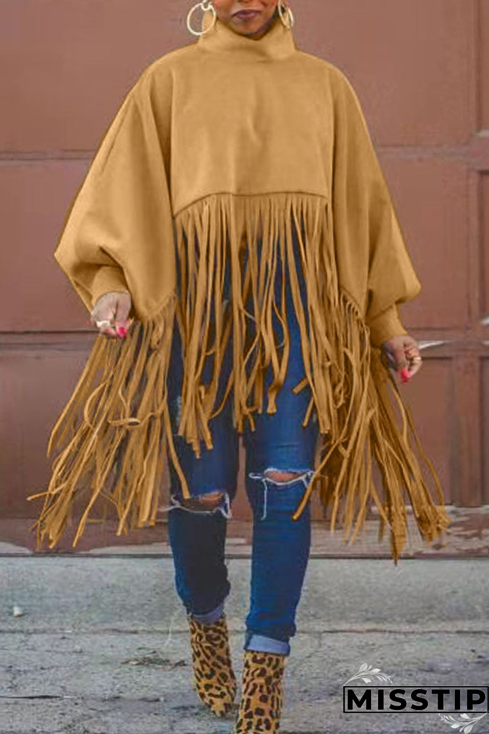 Burgundy Fashion Vintage Solid Tassel Turtleneck Plus Size Overcoat