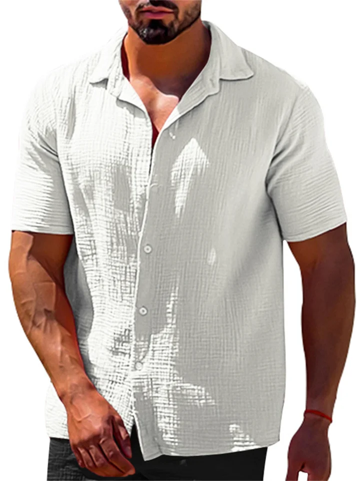 Summer Casual Lapel Solid Color Short Sleeve Button Men's Linen Shirt