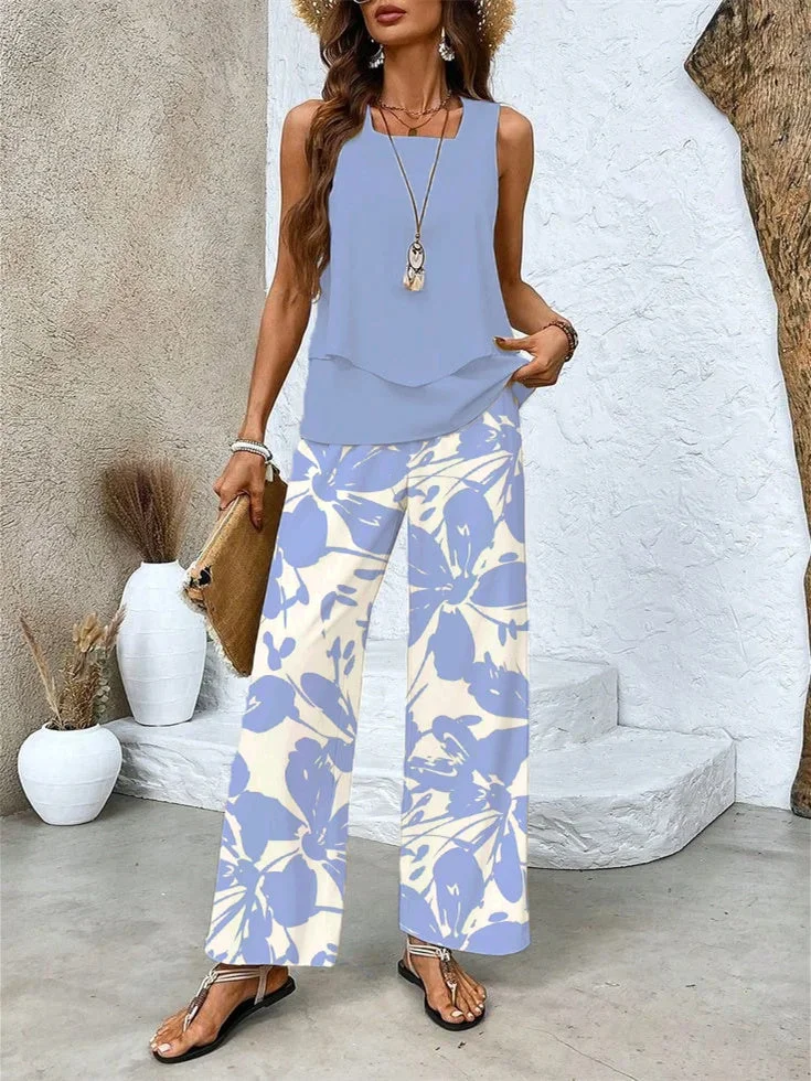 Women's Sleeveless Square Collar Graphic Printed Casual Set