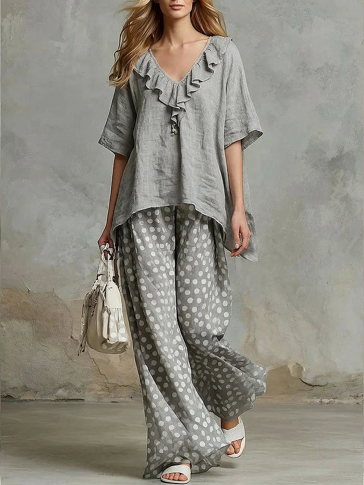 Casual Two-piece Set Of Linen And Cotton Top With Ruffled Collar And Polka Dot Pants