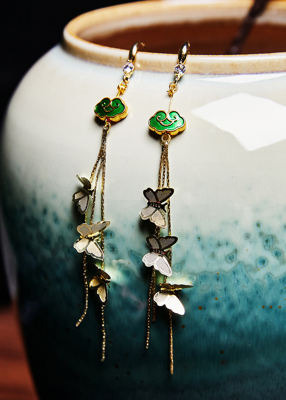 VCSHOES Butterfly Tassels 14K Gold Long Drop Earrings