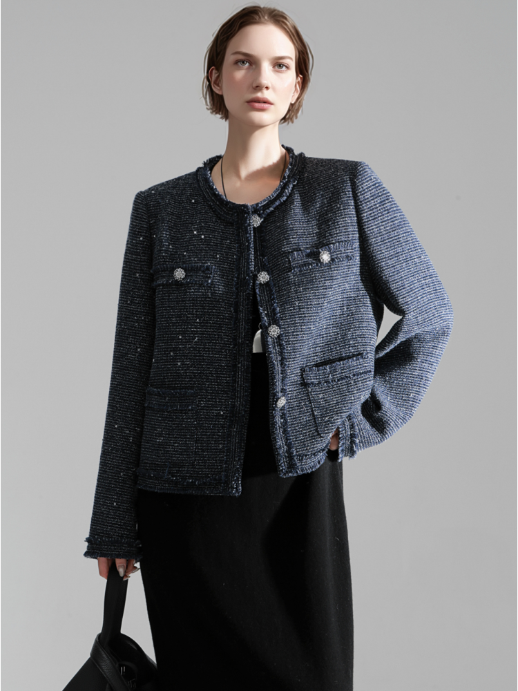 French Tweed Short Jacket for Women &ndash; Elegant Vintage Cropped Wool Blazer, Chic Textured Knit Coat for Autumn