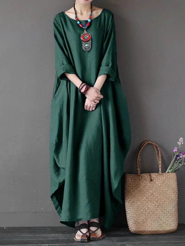 Vintage Solid 3/4 Sleeve Loose Maxi Women‘s Dress