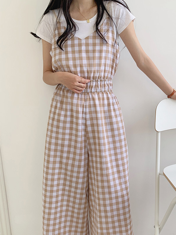 Strap V Neck Plaided Pattern Casual Jumpsuit